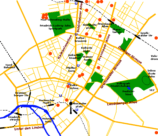 Sonderkarte für Prenzlauer Berg mit  Lage der Ferienwohnungen, Apartments, Gästezimmer, Privatzimmer, außerdem eingezeichnet Max-Schmeling-Halle, Friedrich-Ludwig-Jahn Sportpark, Planetarium, Helmholtzplatz, Kulturbrauerei, Wassertrum, Kollwitzplatz, jüdischer Friedhof, Volksbühne, Freilichtbühne Friedrichshain, Hackescher Markt, Museumsinsel, Friedrichstraße, SEZ